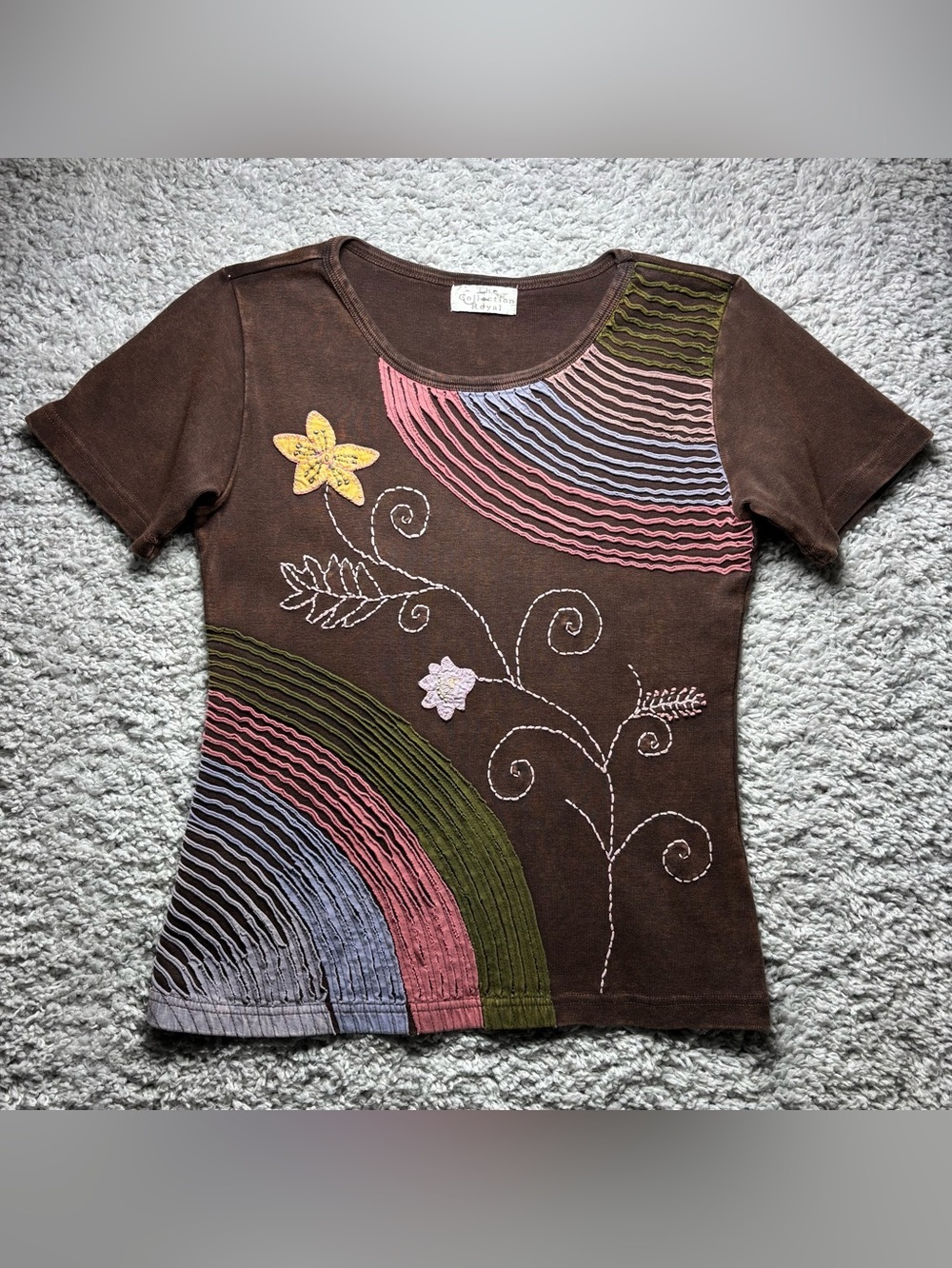VINTAGE TEE The Collection Royal Embroidered Whimsical Festival BOHO Rainbow Sun